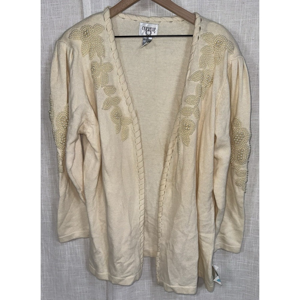 Vintage NWT Cervelle Cardigan Sweater Ivory 2X Pearl Beads Angora Lambswool
